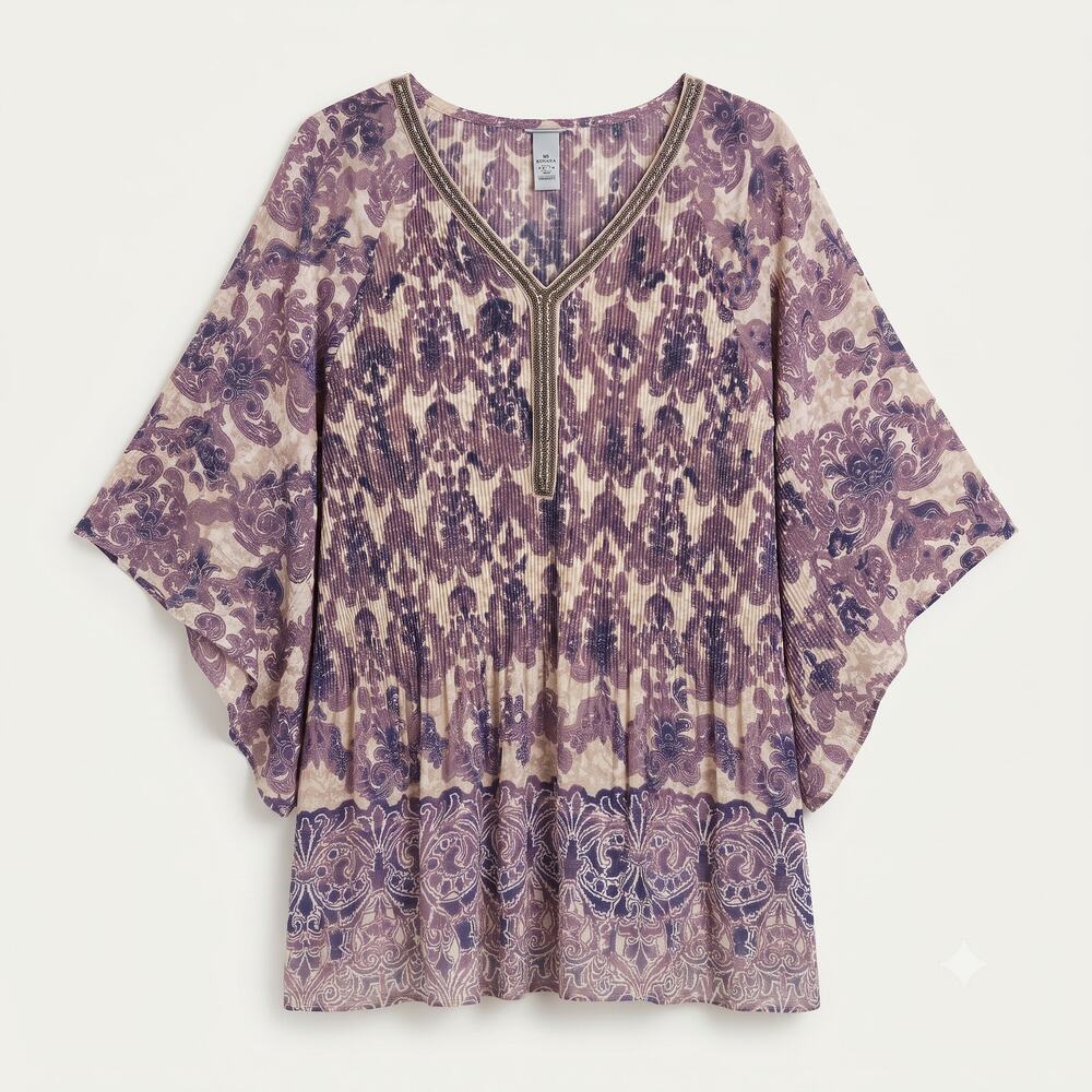 NWT Catherines Womens 3X Boho Romantic Artsy Beaded V-Neck Pleated Kimono Blouse